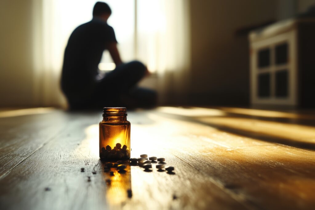 Pill bottle and spilled tablets in the foreground with a person sitting in distress in the background, representing opioid withdrawal.