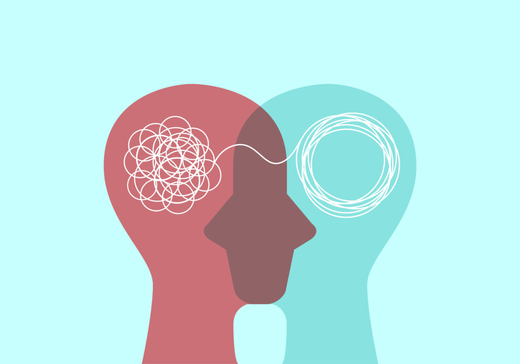 Illustration of overlapping head shapes with tangled and untangled lines, representing dual diagnosis disorders and recovery.