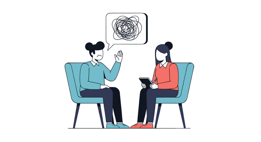 Illustration of a client speaking with a therapist, representing the benefits of dialectical behavior therapy (DBT).
