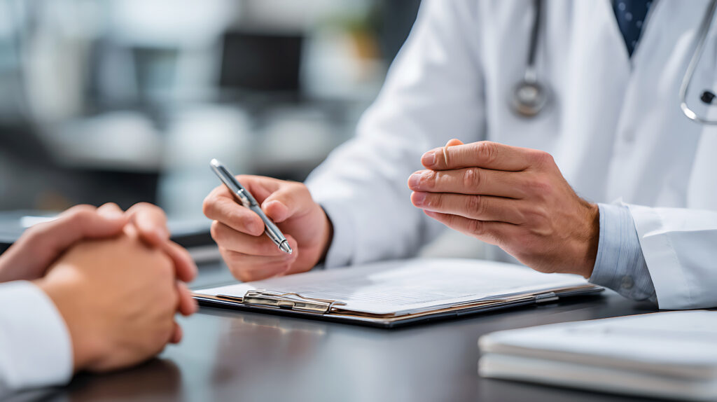 Doctor discussing medication-assisted treatment (MAT) for opioid withdrawal with a patient during a clinical appointment.
