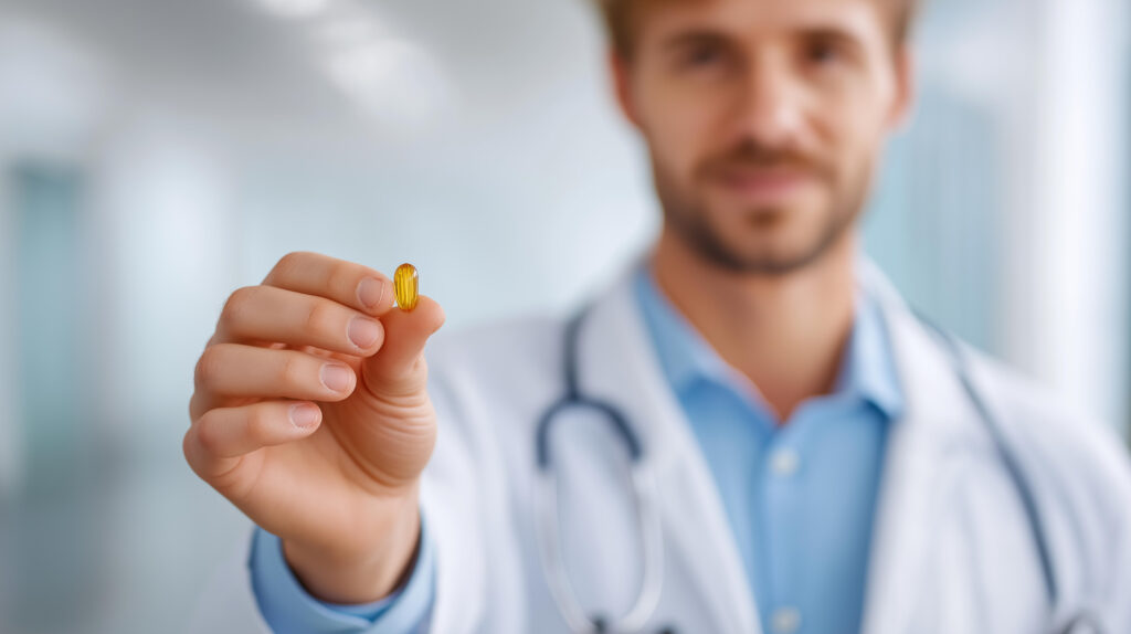 Doctor holding a medication capsule, representing medication-assisted treatment (MAT) for addiction recovery support.