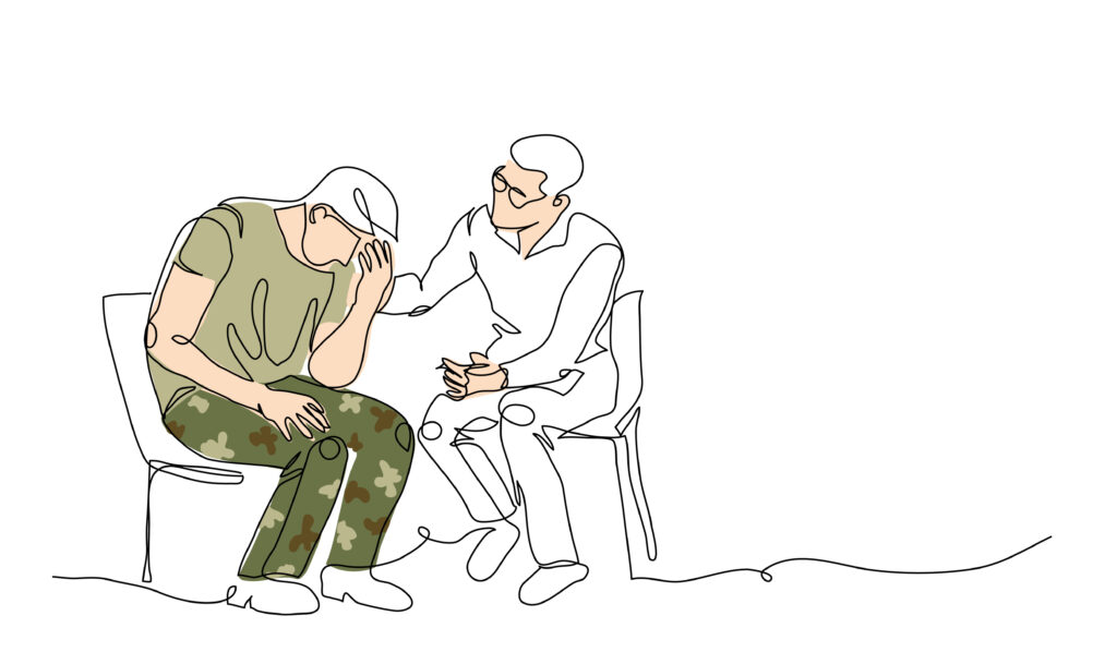 Illustration of a therapist supporting a person in distress, representing PTSD therapy treatment options and trauma recovery.