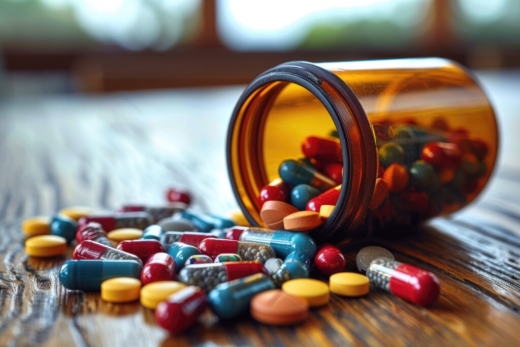 Prescription pills spilled from a bottle, representing opioid rehab in San Diego with medication-assisted treatment (MAT) programs.