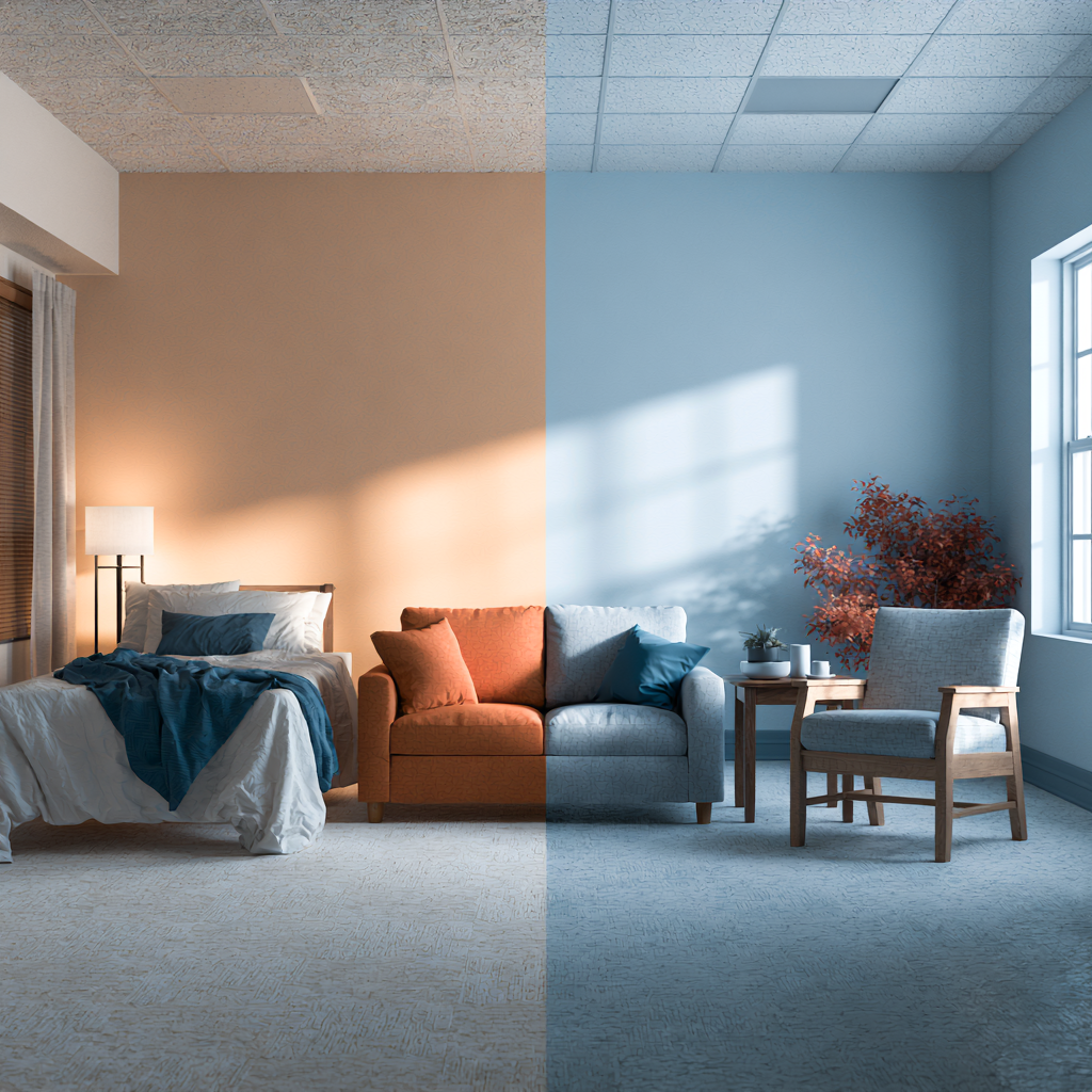 Split image comparing residential rehab and outpatient treatment at San Diego Wellness Center in San Diego, CA, highlighting structured inpatient care alongside flexible outpatient recovery options for addiction treatment.