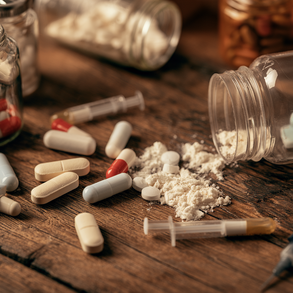 Prescription pills, powder, and syringes representing substance use and insurance coverage for drug rehab available at San Diego Wellness Center.