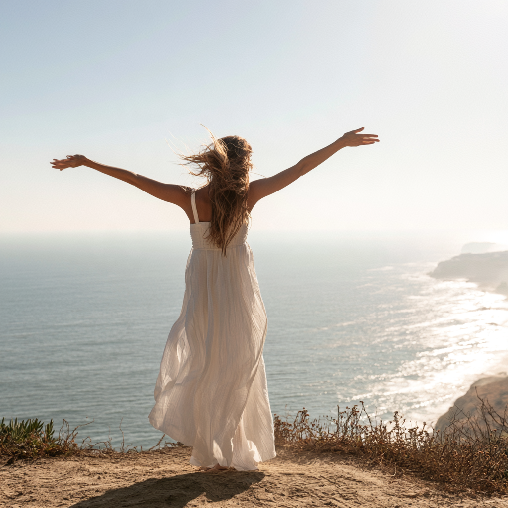 Woman standing by the ocean with her arms raised, representing choosing a DBT treatment center in San Diego and DBT available at San Diego Wellness Center.