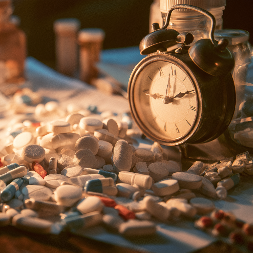 Prescription pills surrounding an alarm clock, representing how long drug detox may take and drug detox available at San Diego Wellness Center.