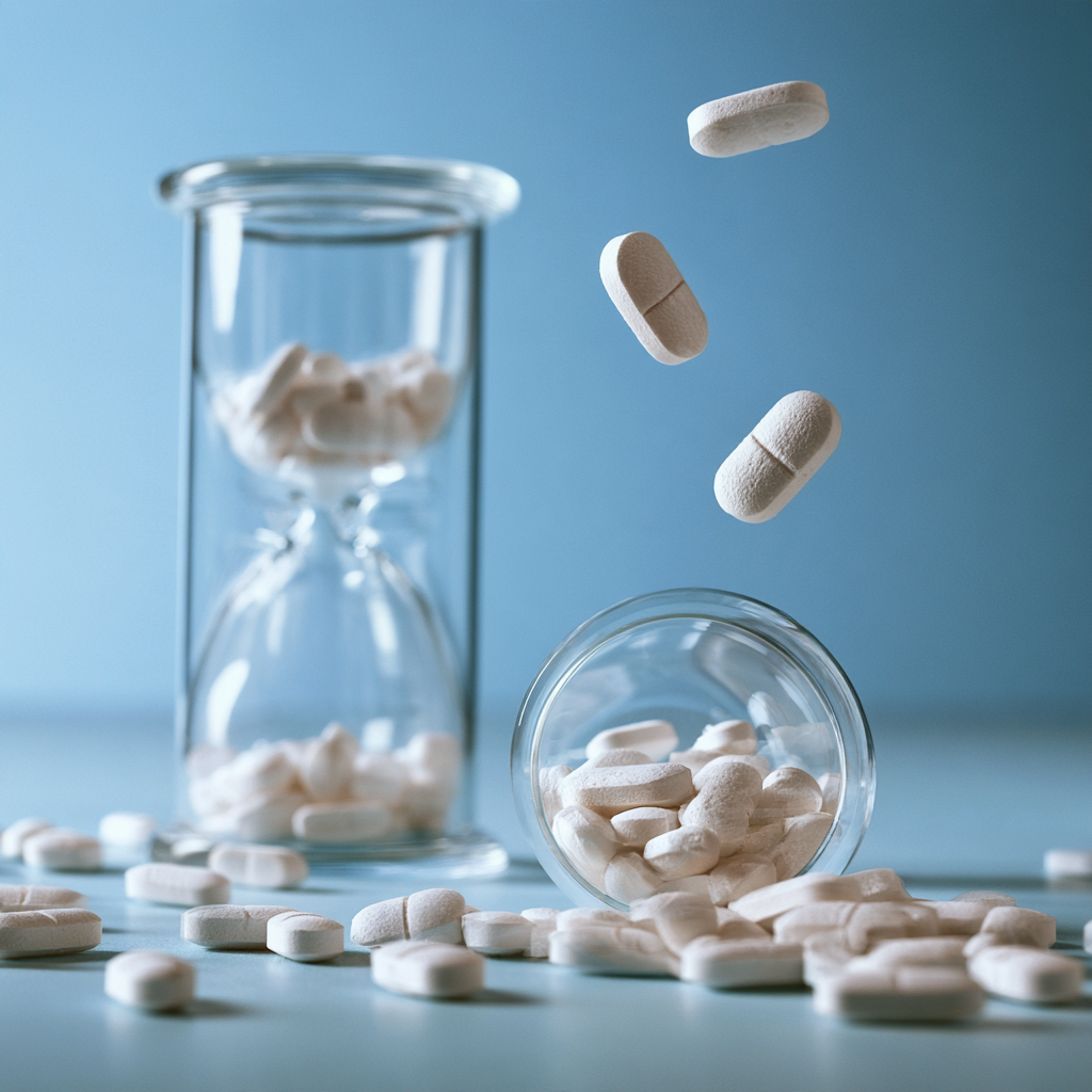 Pills beside an hourglass representing when fentanyl detox may be needed, with fentanyl detox available at San Diego Wellness Center.